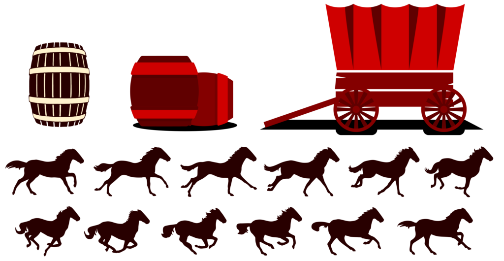 Illustrations of a horse race, cart and barrels for the motion design