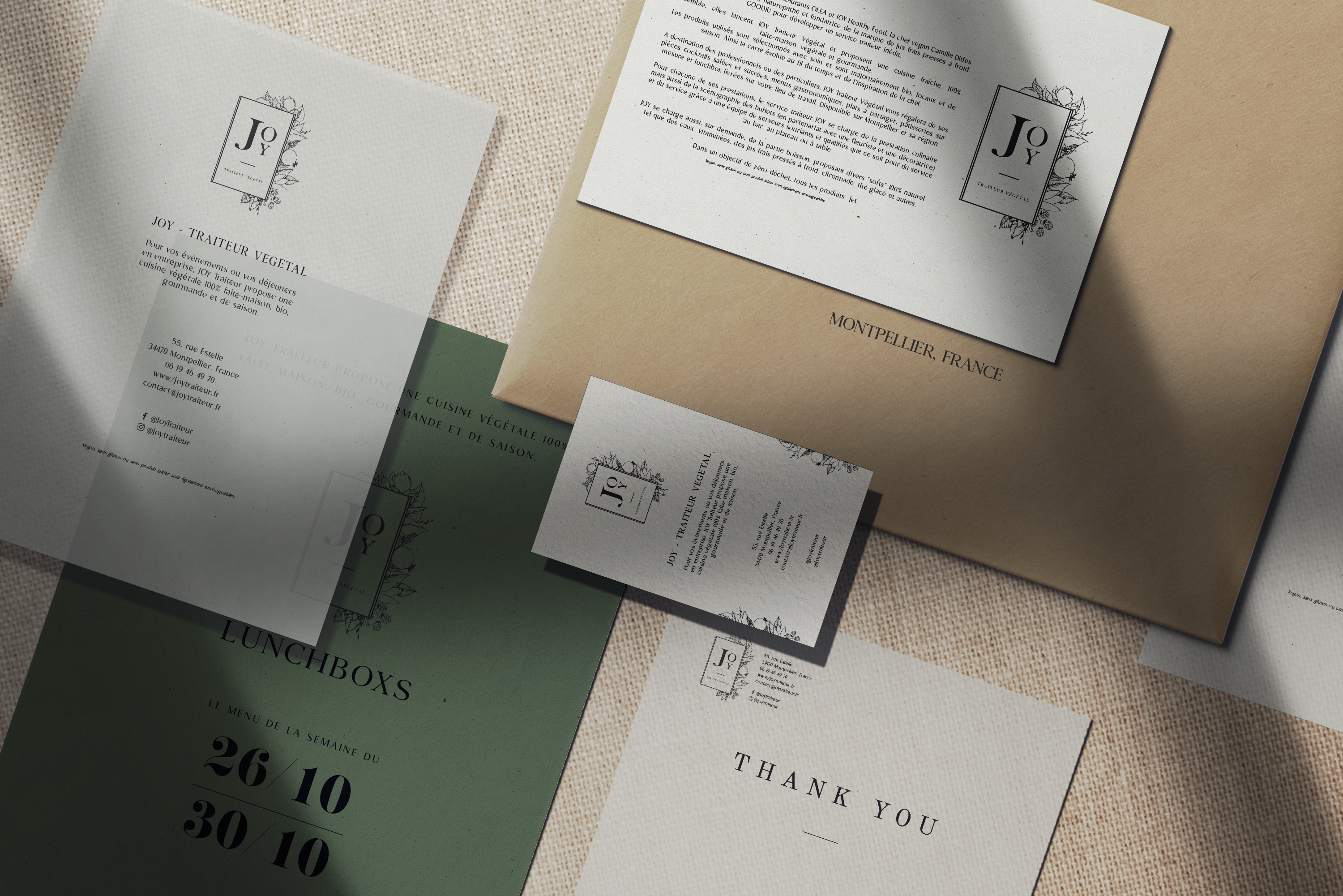 logo and stationery designed for the visual identity of Joy Traiteur Vegetal